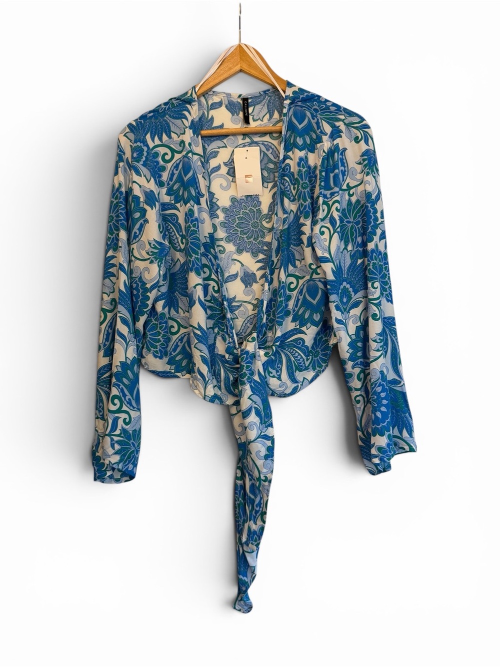 Calliope Blue Floral Tie-Front Blouse in Cream One Size